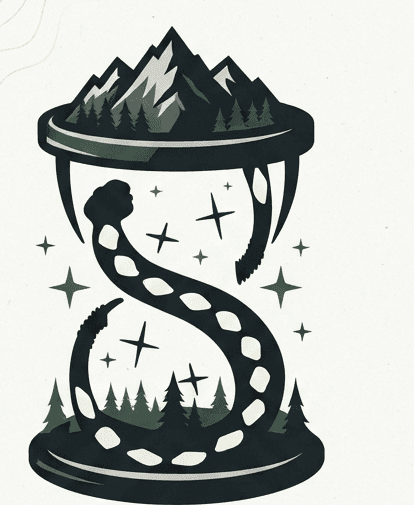 Logo Sin Prisa y Sin Pausa: reloj de arena con montañas y senderos